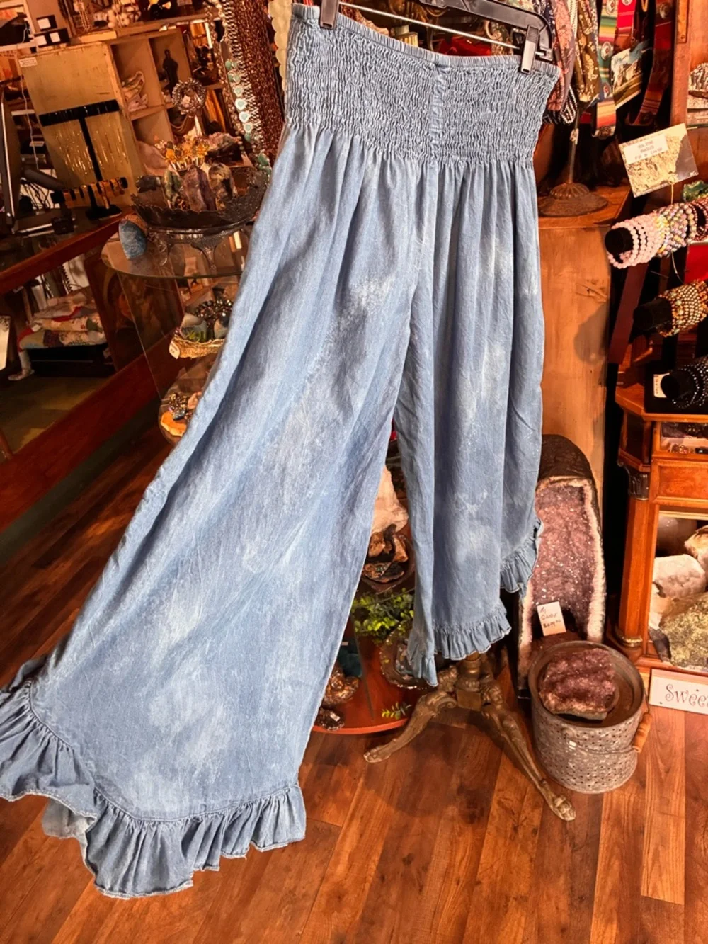 Light Blue Floral-Accent Wide Leg Smocked Waist Pants - Picture 4 of 5